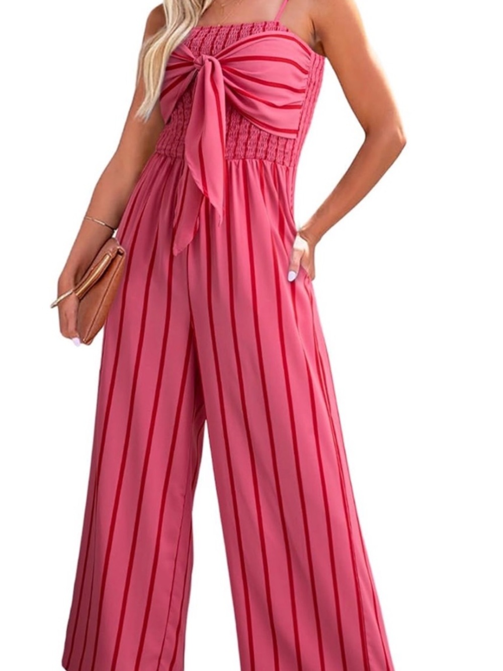 Sleeveless Smocked Tie-Front Wide-Leg Jumpsuit - Pink